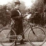 A woman’s bike was expected to have a dropped, or diagonal, cross-support, rather than the horizontal one of a man’s bike, in order to mitigate the issue of the raised leg. This came with the secondary, if dubious, benefit of allowing a lady to ride more easily in a full dress. This person was Alice Austen, one of the first female photographers, and a strong advocate for women cyclists (Alice Austen House)