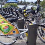 CityCycles at a docking station in Brisbane, conveniently near a ferry stop on the Brisbane River
