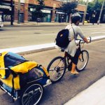 Mother and baby in sepated bike lane on Dunsmuir