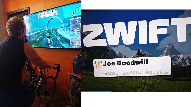 Joe on Zwift bike 12 oct 2023 with 105 proof copy (1) I fell in love with Zwifting instantly. In seemingly no time, I had completed my first 100 miles, and was totally hooked