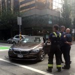 Here’s a crash that happened when a driver decided to ignore (or simply was too careless to notice) the sign that says that cars cannot turn right (across the cycle lane) at this intersection. The cyclist was taken away in an ambulance, the motorist was somewhat inconvenienced